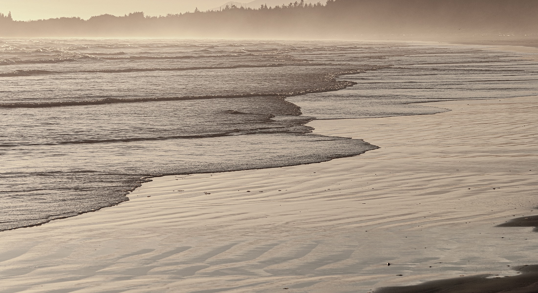 Waves gently lapping on a sandy beach.